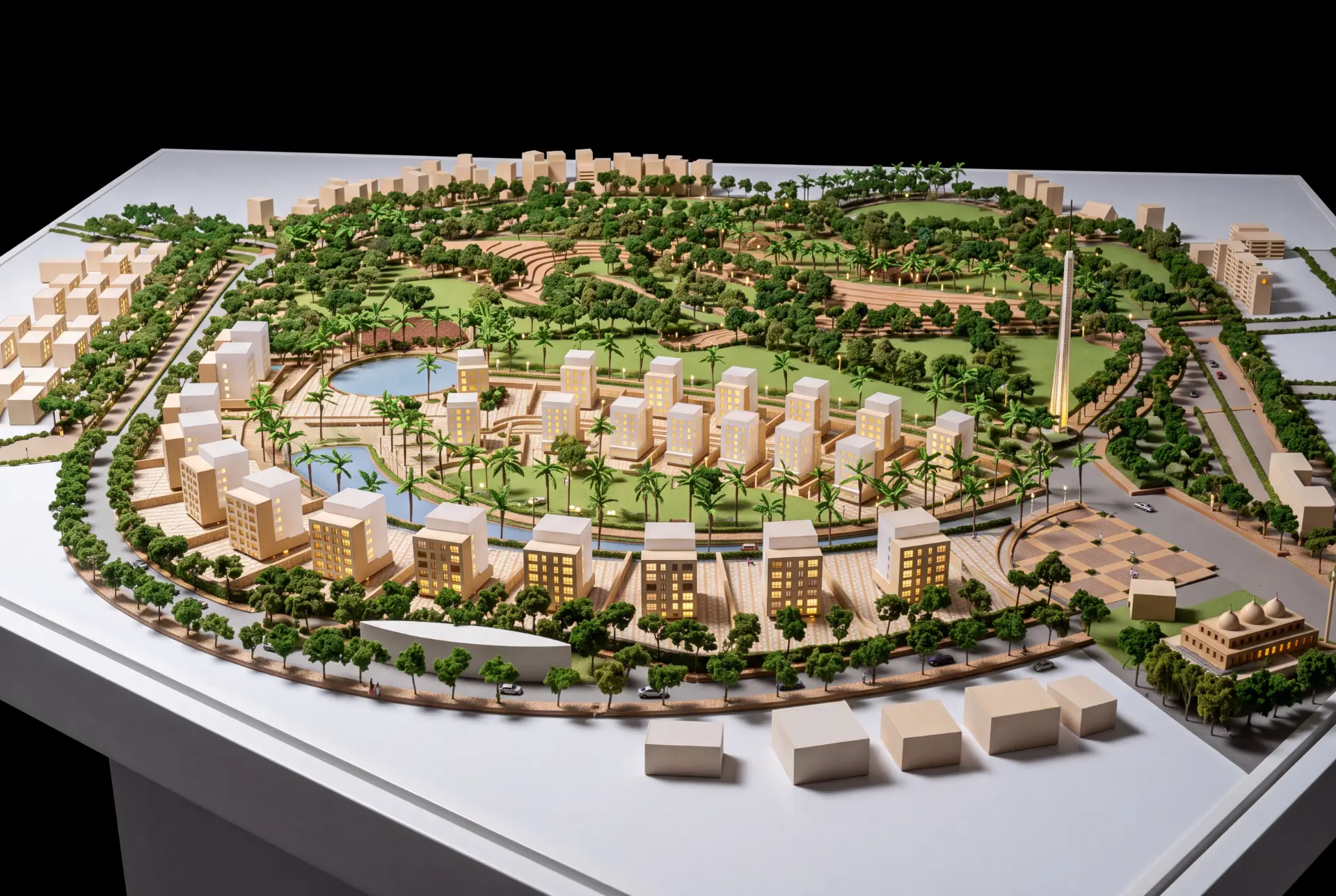 District masterplan scale model with parkland, lakes, tower blocks and road network