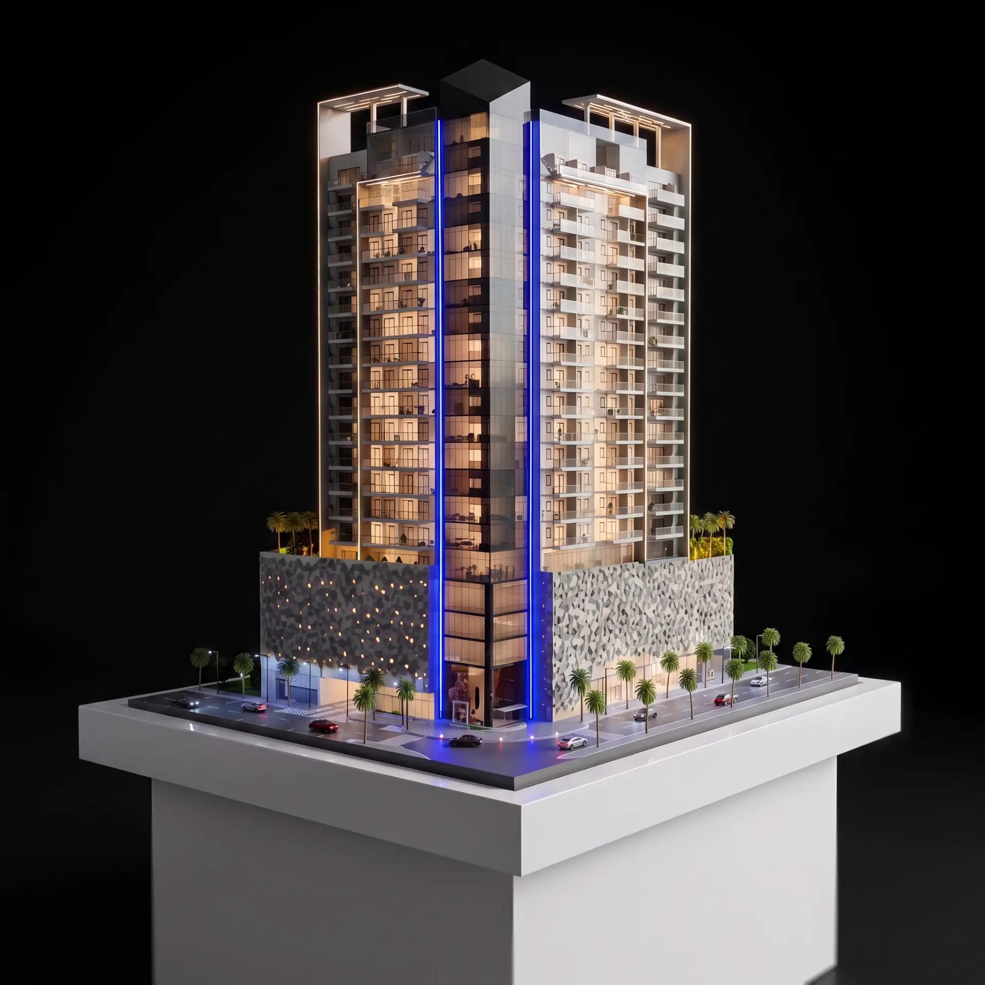 Glass and stone twin-tower scale model with vertical blue light strips