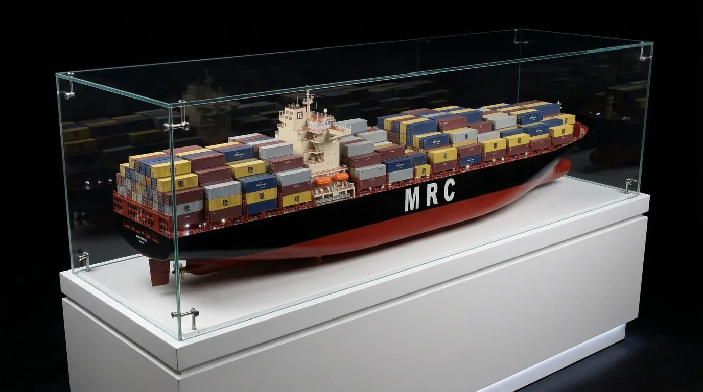 Container ship scale model in a glass display case with LED lighting