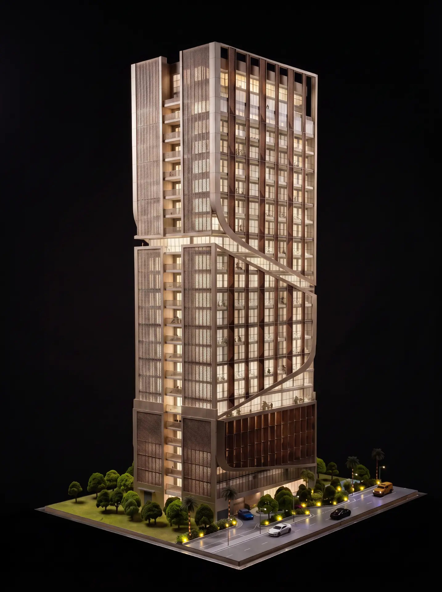 Illuminated residential tower architectural scale model with curved feature line