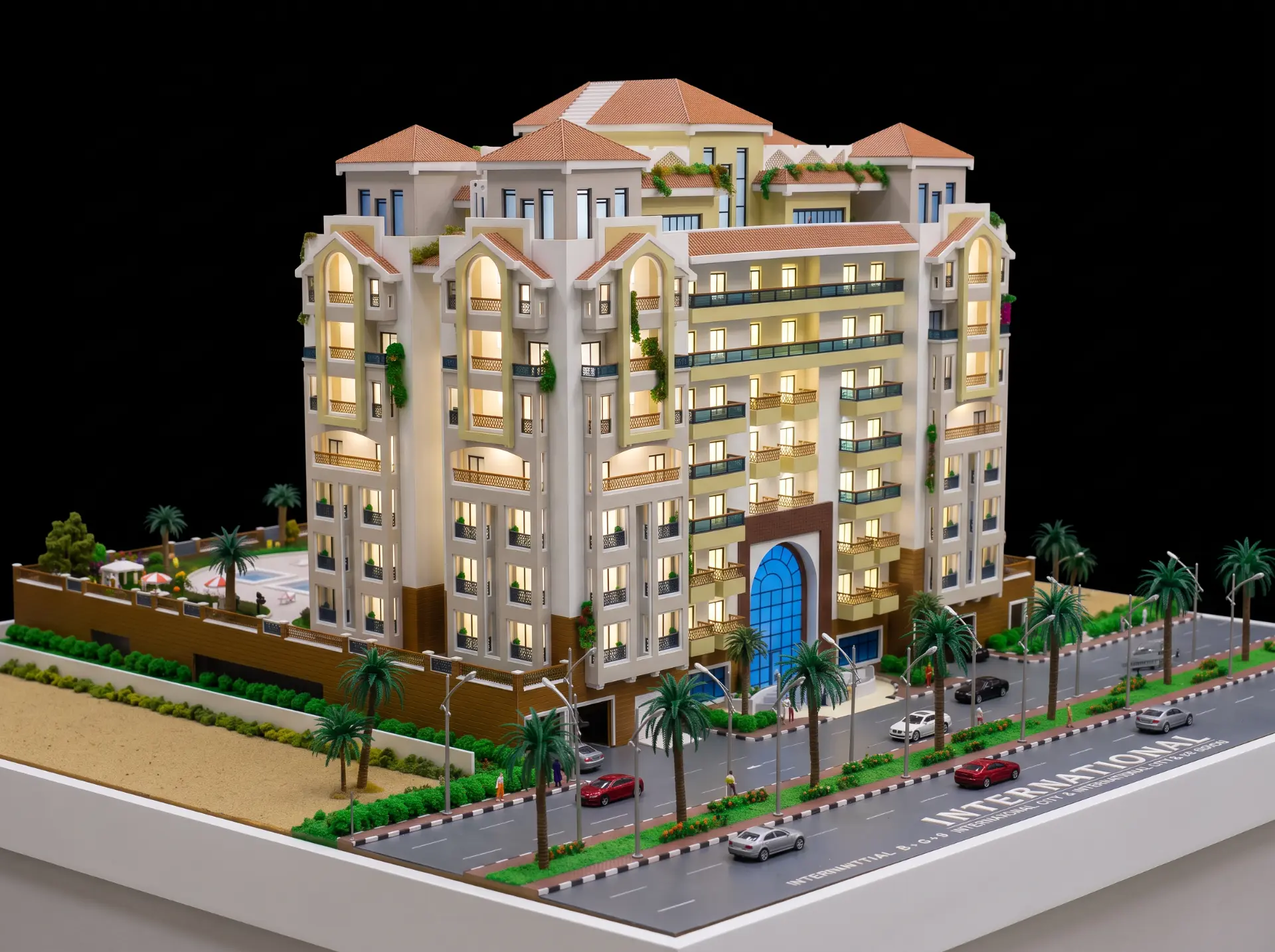 International residential building scale model with pool deck, landscaping and surrounding roads