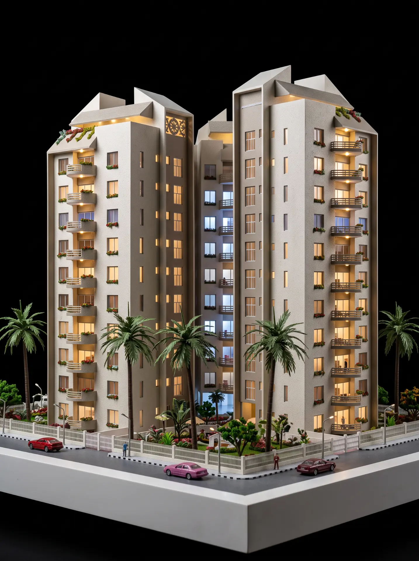 Palm-lined residential garden towers architectural scale model
