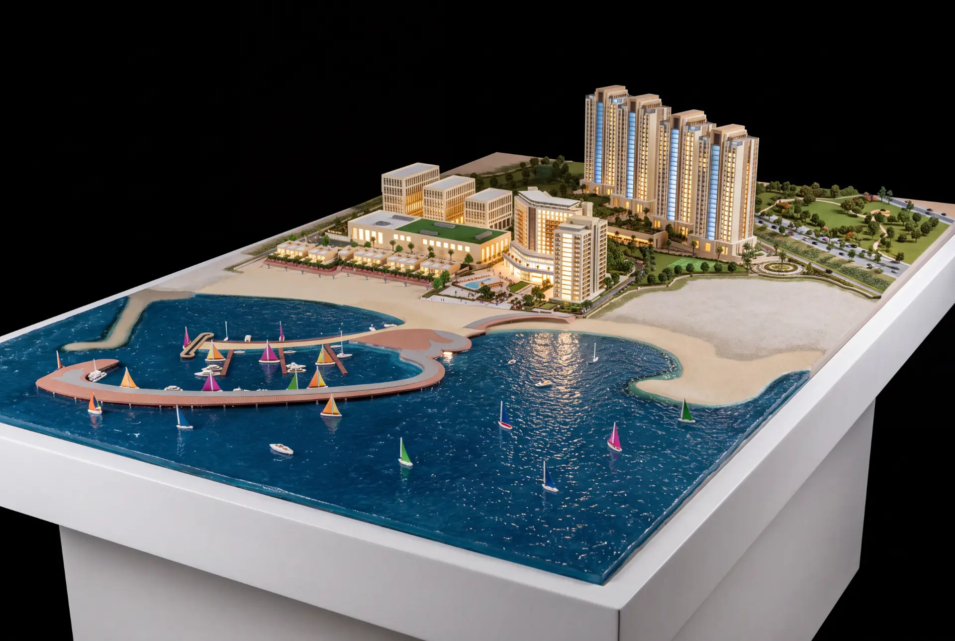 Coastal mixed-use development architectural scale model with marina