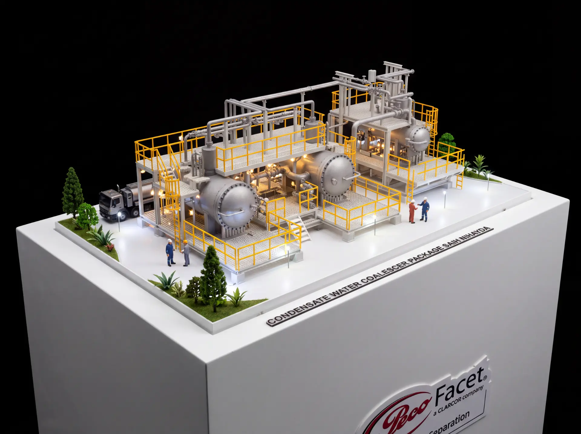 Condensate water coalescer package industrial plant scale model with piping, platforms and figures