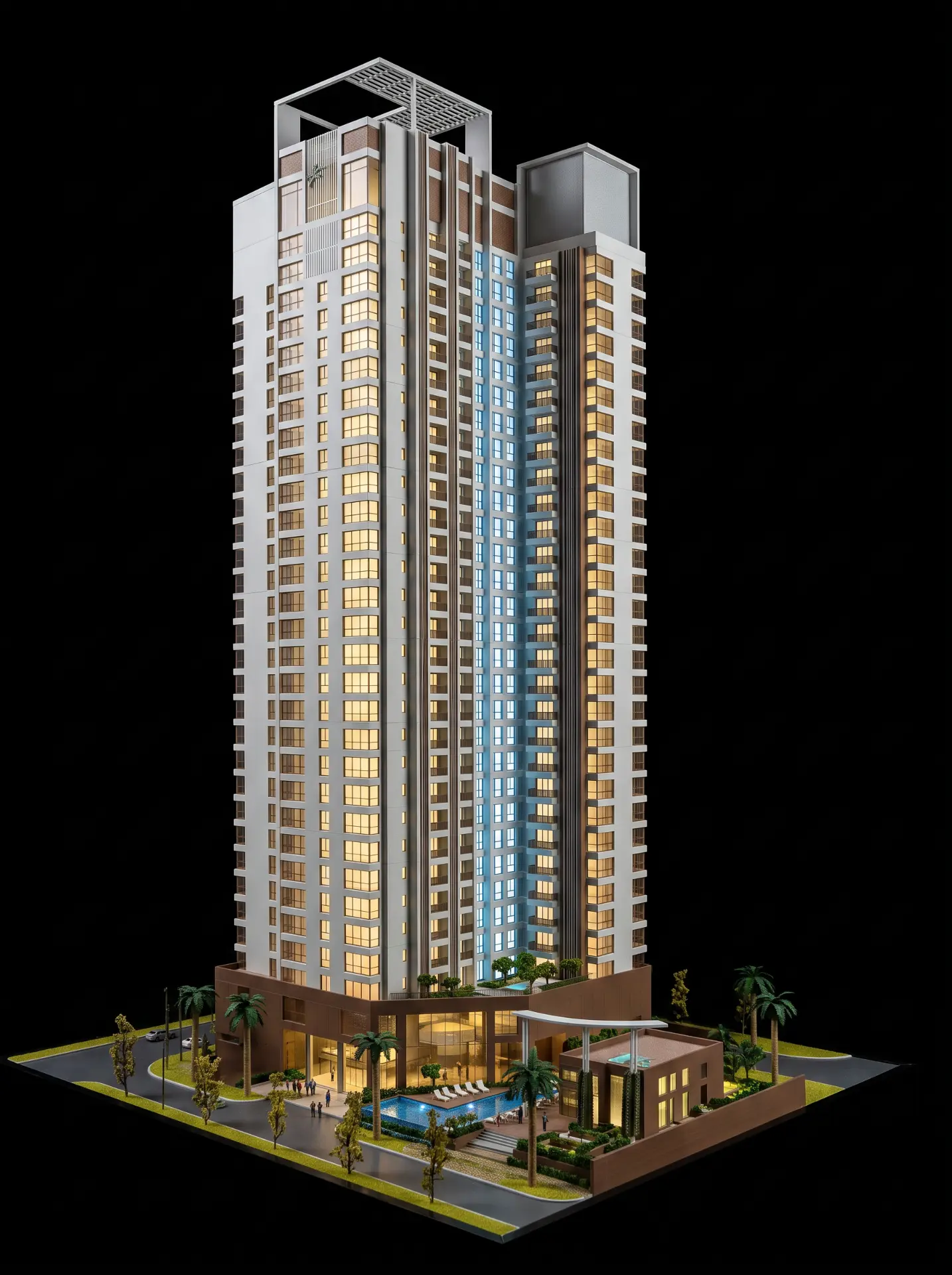 Marina Tower UAE architectural scale model with illuminated facade and landscaped podium