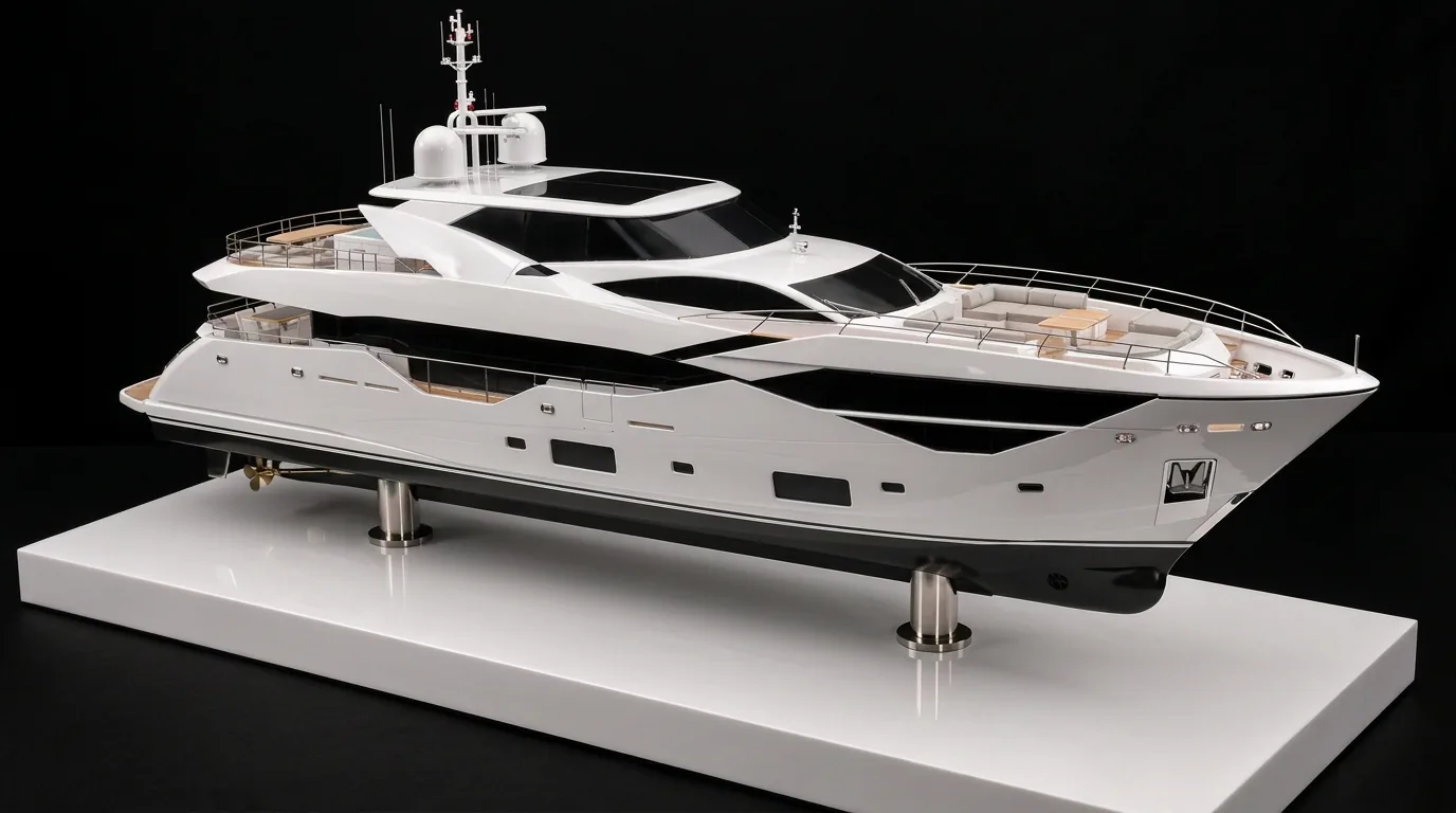White motor yacht scale model with flybridge on a gloss white base