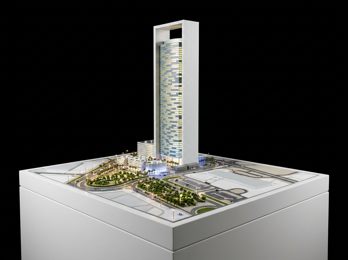 ADNOC Tower architectural scale model with surrounding roads and landscaped grounds