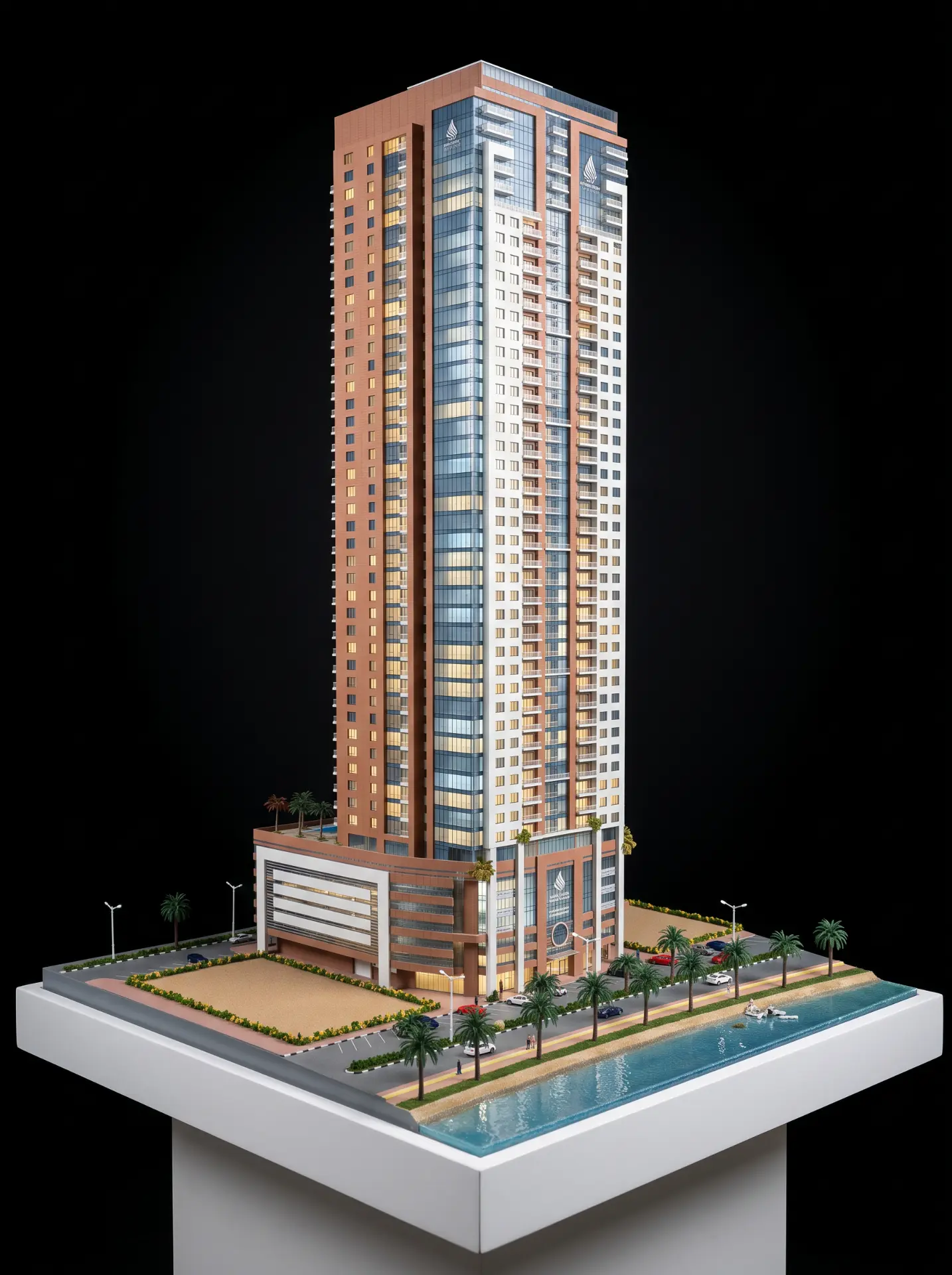 Waterfront high-rise scale model with marina and promenade