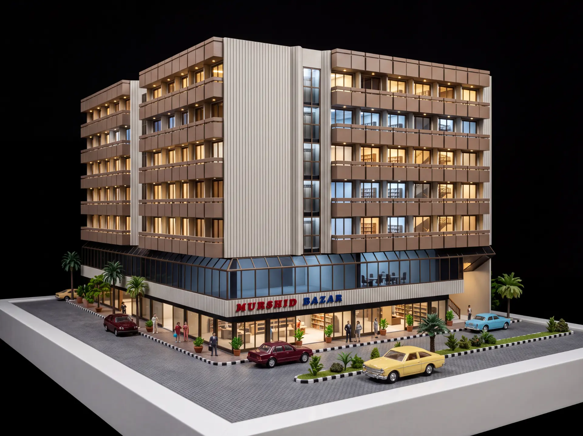 Murshid Bazar commercial building scale model with retail ground floor and street scene