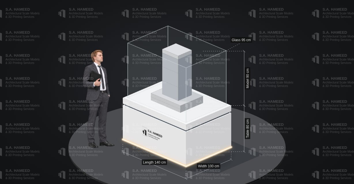 Read-only preview of the planner: a tower model on a lit display table under a glass cover, beside a person for scale